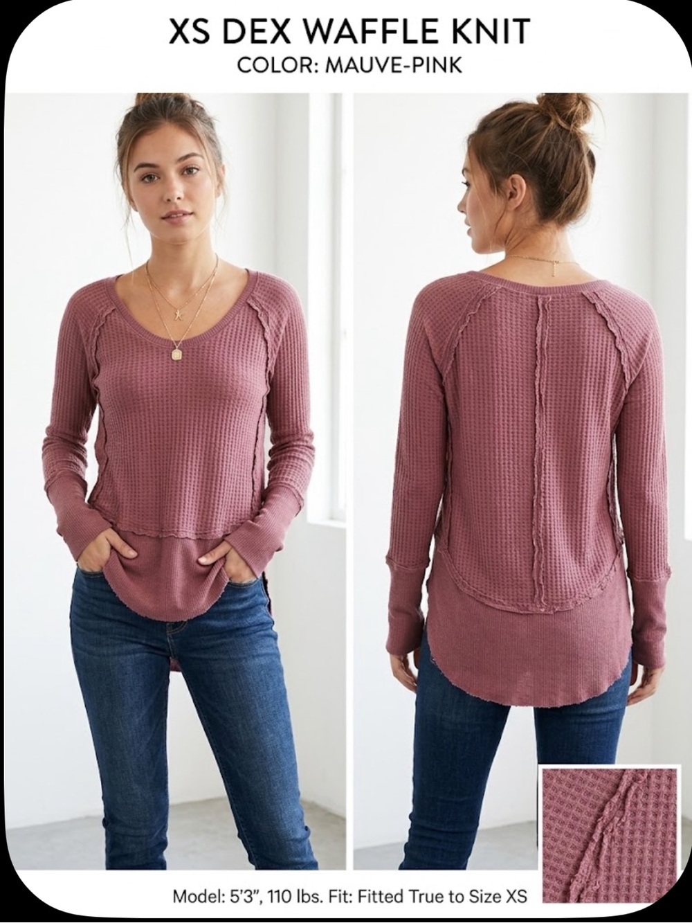 ✨ DEX Dusty Mauve Waffle Knit Thermal Long Sleeve Top – Size oversized XS